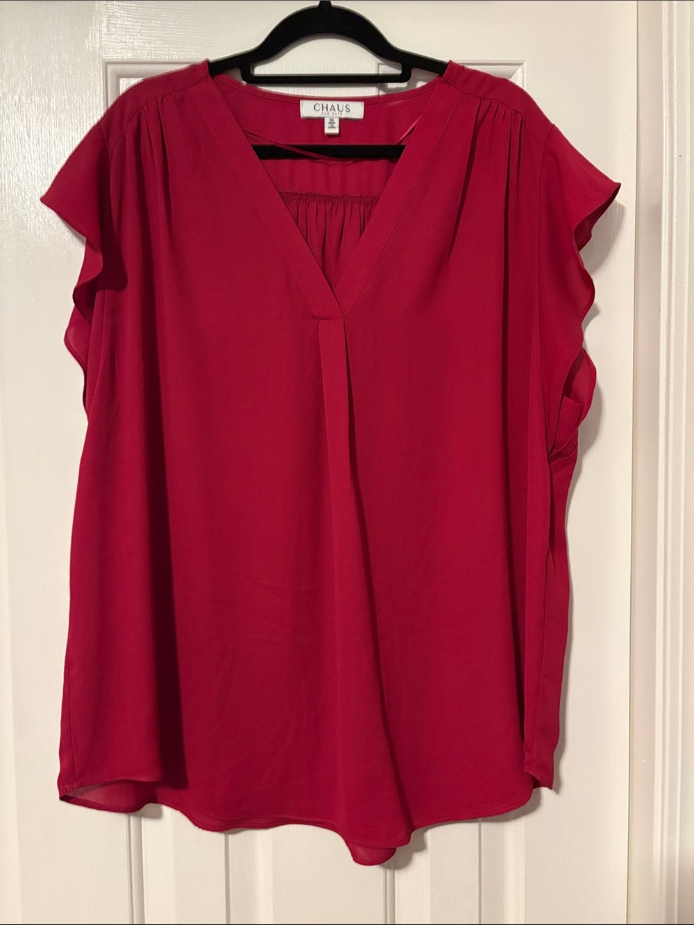Chaus Pink-Red V-Neck Flutter Sleeve Blouse